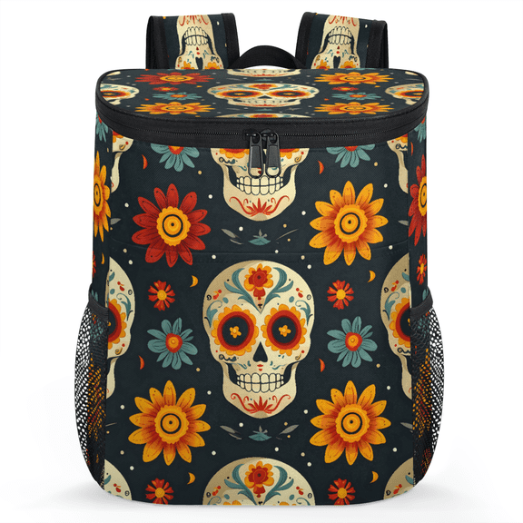 Jiaoprinted Halloween Gothic Skull Leakproof Cooler Backpack, Boho Sunflowers Insulated Backpack Cooler for Outdoor