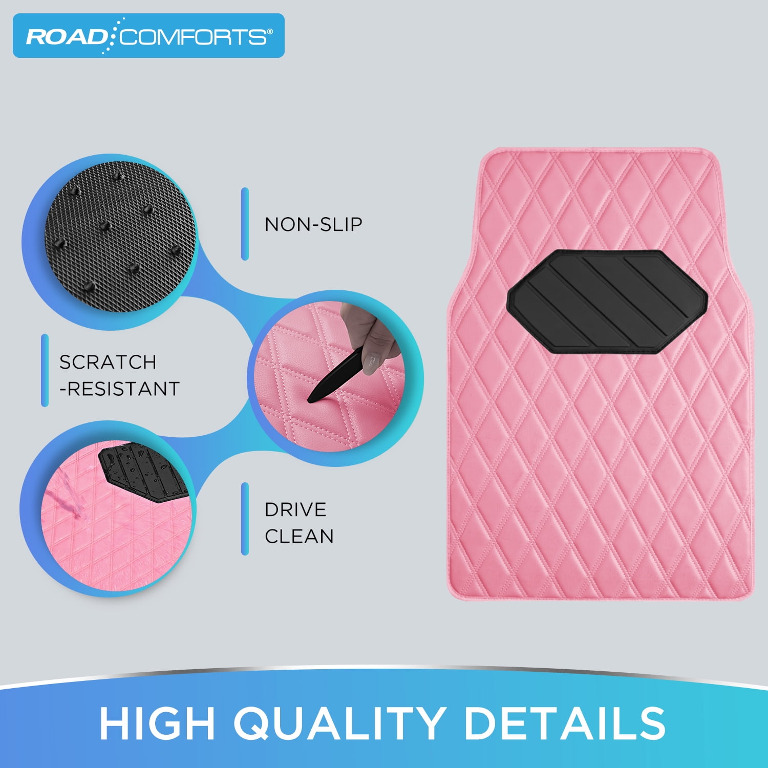 Road Comforts 4PC Leather Quilted Car Floor Mats,Stylish,Durable, Waterproof,Non-Slip,Full Coverage for Cars and SUVs Pink