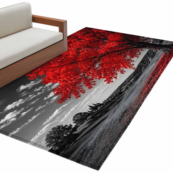 Red Tree Leaves Area Rug 3x5 Washable Rug Non Slip Black Night Full Moon Country Grassland Large Area Rug Indoor Floor Carpet for Entryway Bedroom Kitchen Living Room Home Office Dining Room Nursery