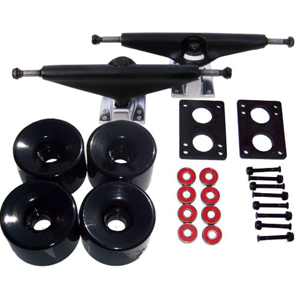 Set of Longboard Trucks, Wheels, & Bearings 7.0 Black, 76mm Solid Black