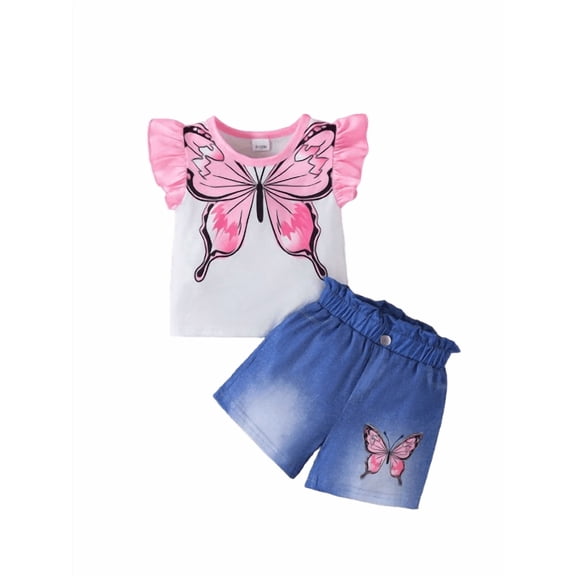 PureChapter Infant Toddler Girls Butterfly Print Flying Sleeve and Matching Elastic Shorts 2PCS For Summer Outdoor