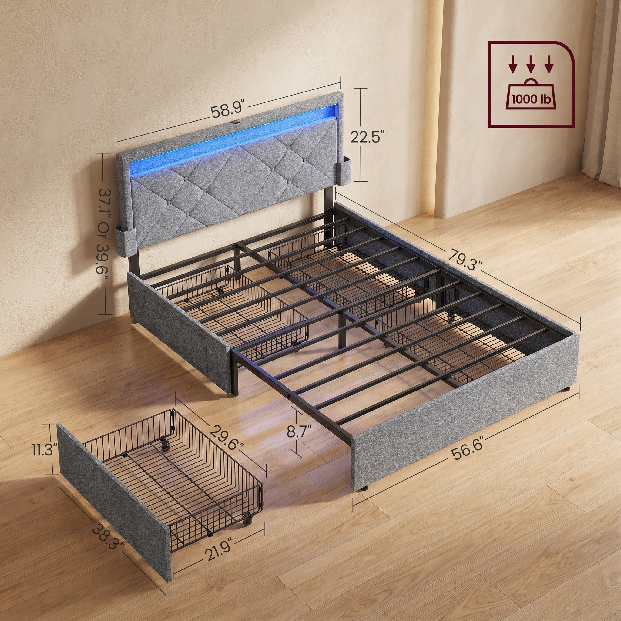 Full Size Light Gray Upholstered Platform Bed Frame with LED Headboard, 4 Drawers, and Built-In Charging Station