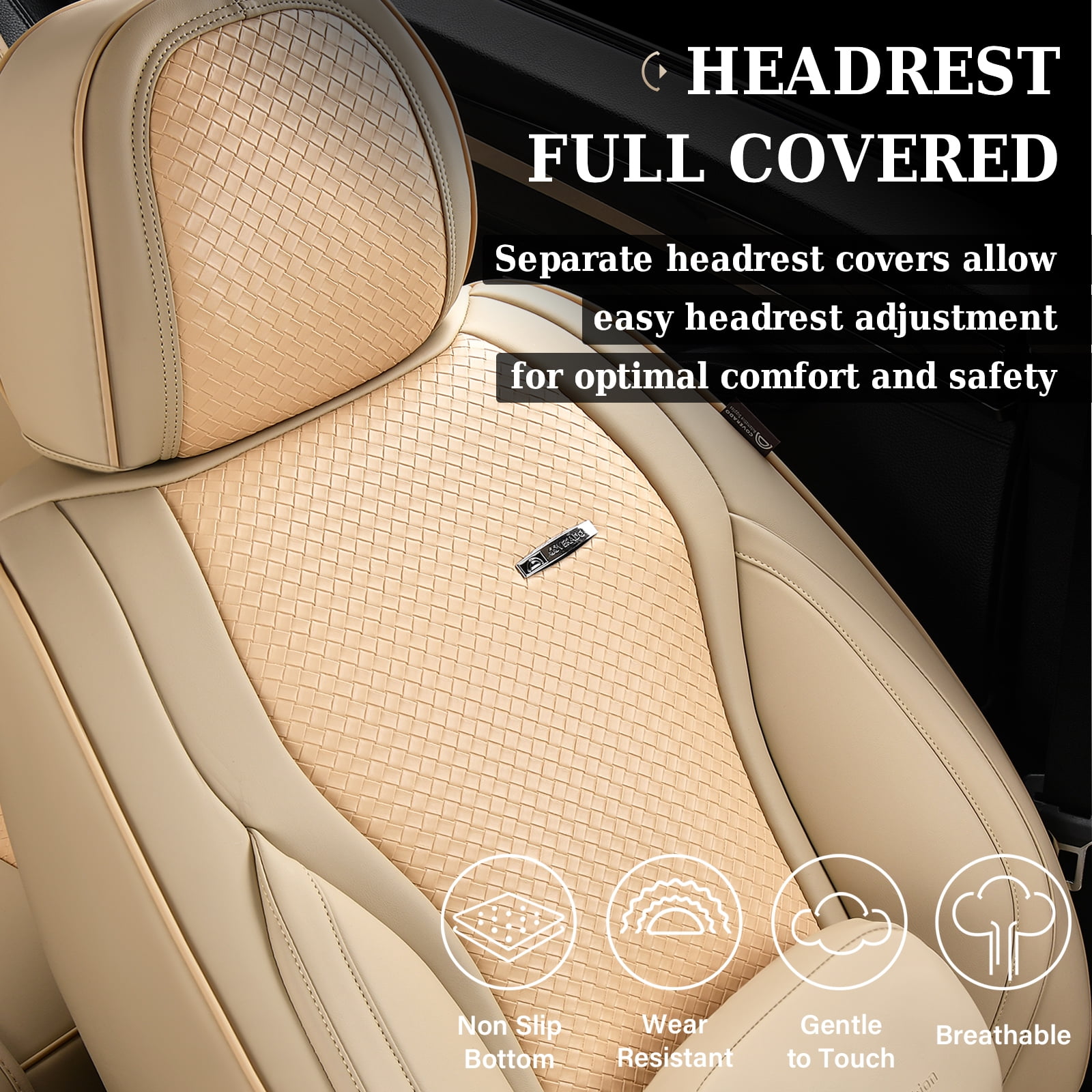 Coverado Car Seat Covers Full Set, Waterproof High-grade Leather Seat Protectors with Lumbar Support, Auto Cushions Universal Fit for Most Cars SUV Trucks, Beige