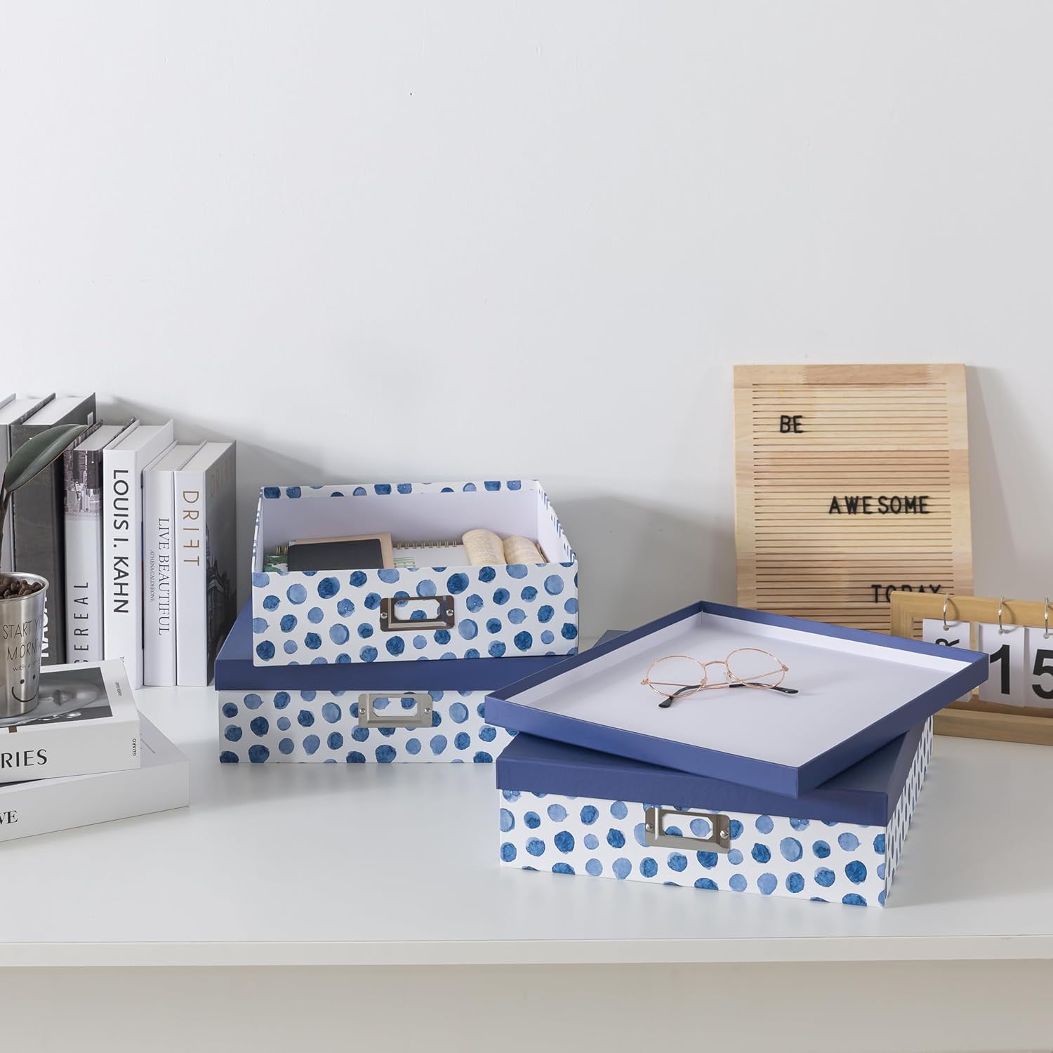 Blue Spots Decorative Storage Boxes with Lids, Set of 3 Memory Boxes for Keepsakes, Nesting Letter Cardboard Document Storage for Organizing, Photos, Scrapbook