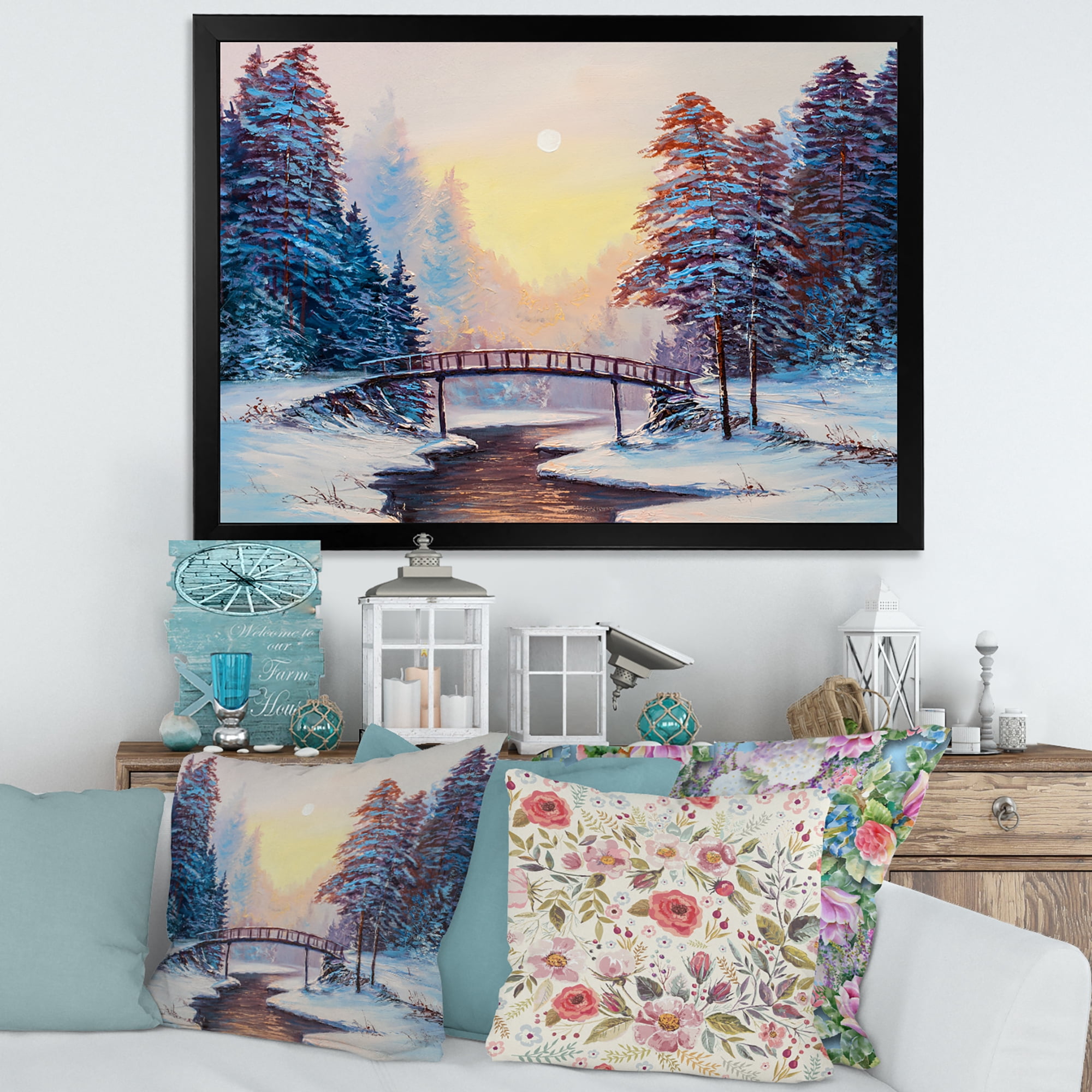 Designart 'Snow Covered Landscape and Little Bridge' Traditional Framed Art Print