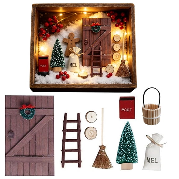 Clearance Under $4 Christmas Miniature Door Decor Kit – Wooden Dollhouse Accessory Set with Bucket, Wreath, Sack, Log & Tiny Ornaments for Indoor Holiday Display