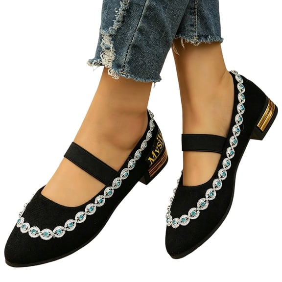 Willtoo Mary Jane Shoes Women Rhinestone Low Block Heel Pointed Toe Dress Flats Elastic Strap Slip On Non Slip Walking Shoes