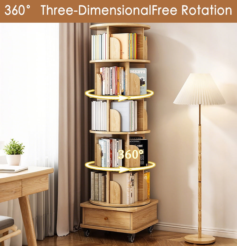 WARMMUSE 6 Tier Rotating Bookshelf, 360 ° Display Spinning Round Floor Standing Bookcase with Wheels and Drawer  for Bedroom, Living Room, Natural
