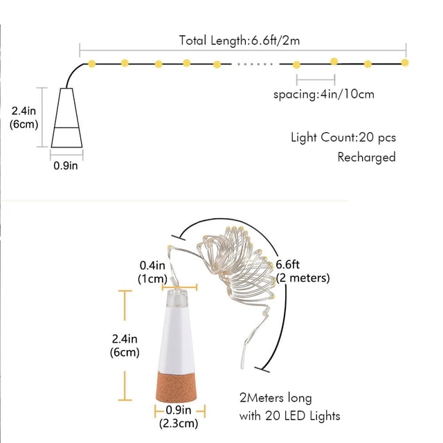 2PCS botella corcho luces LED botella cadena luces USB recargable mini hadas cadena luces