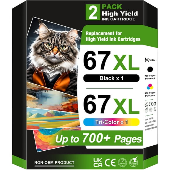 67XL Ink Cartridges for HP Ink 67 67XL for HP DeskJet 2700 2700e 2755e 2755 4155e 4155 Envy 6055e 6455e 6400 6055 Envy Pro 6452 6458 6475 (1 Black, 1 Color)