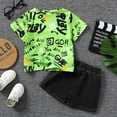 thumbnail image 4 of KIMI BEAR Toddler Boys Outfits 3T Toddler Boy Spring Summer Outfits 4T Toddler Boy Graffiti Prints Cozy Short Sleeve T-Shirt + Ripped Denim Shorts 2PCS Set Green, 4 of 8