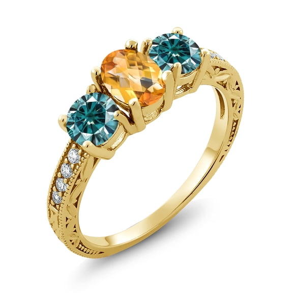 Gem Stone King 18K Yellow Gold Plated Silver Ring Checkerboard Citrine Blue Moissanite (1.85 Cttw) (Size 9)