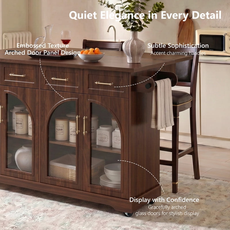 Rolling Kitchen Island Cabinet with Drawers & Drop Leaf, Storage Cart on Wheels with Arched Glass Doors, Power Outlet & Spice Rack