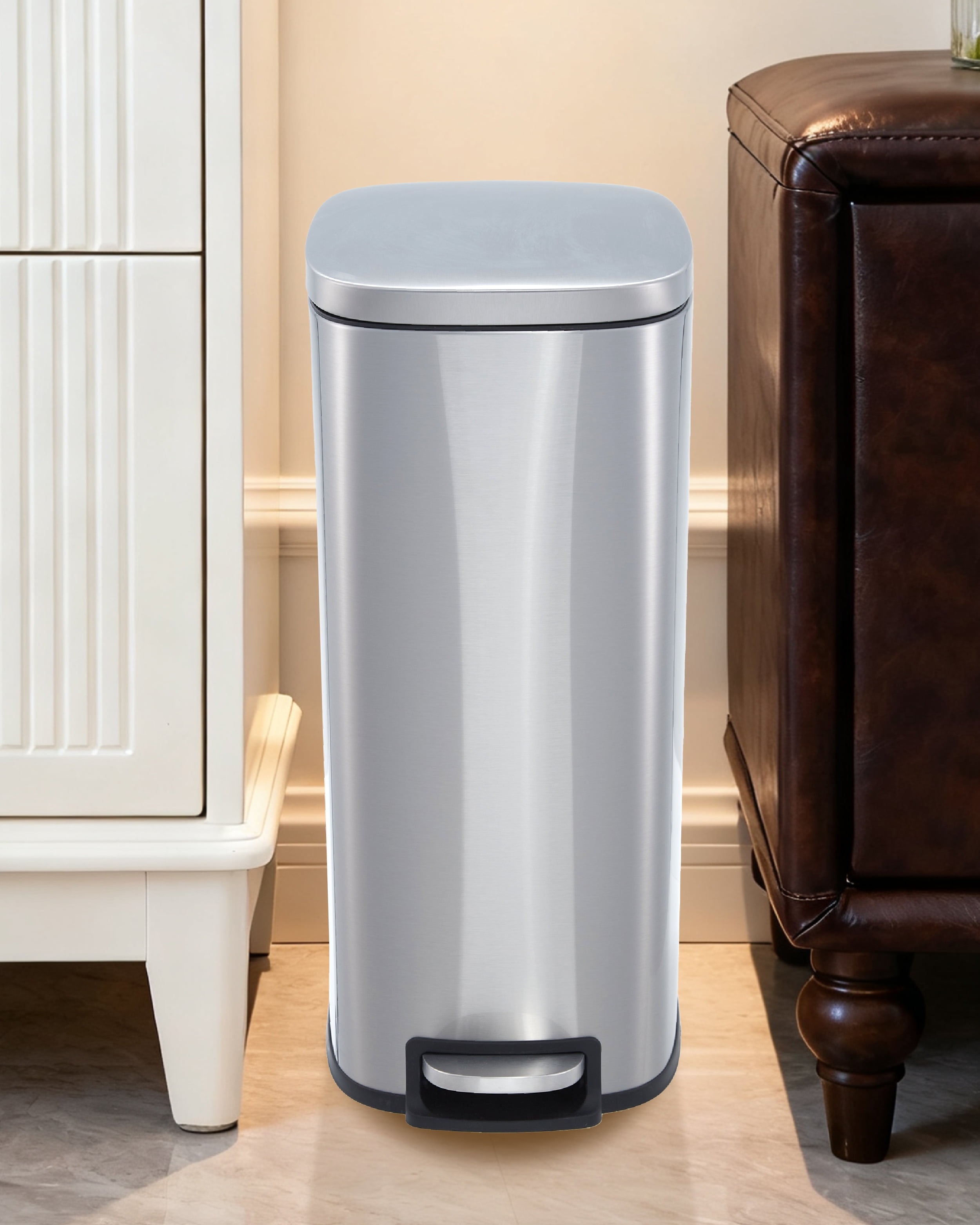 13 Gallon Kitchen Trash Can with Pedal, Slim Stainless Steel Soft Close Lid Bin, Removable Inner Bucket, Space Saving Recycling for Home, Office, Bathroom, Grey EliteEdge