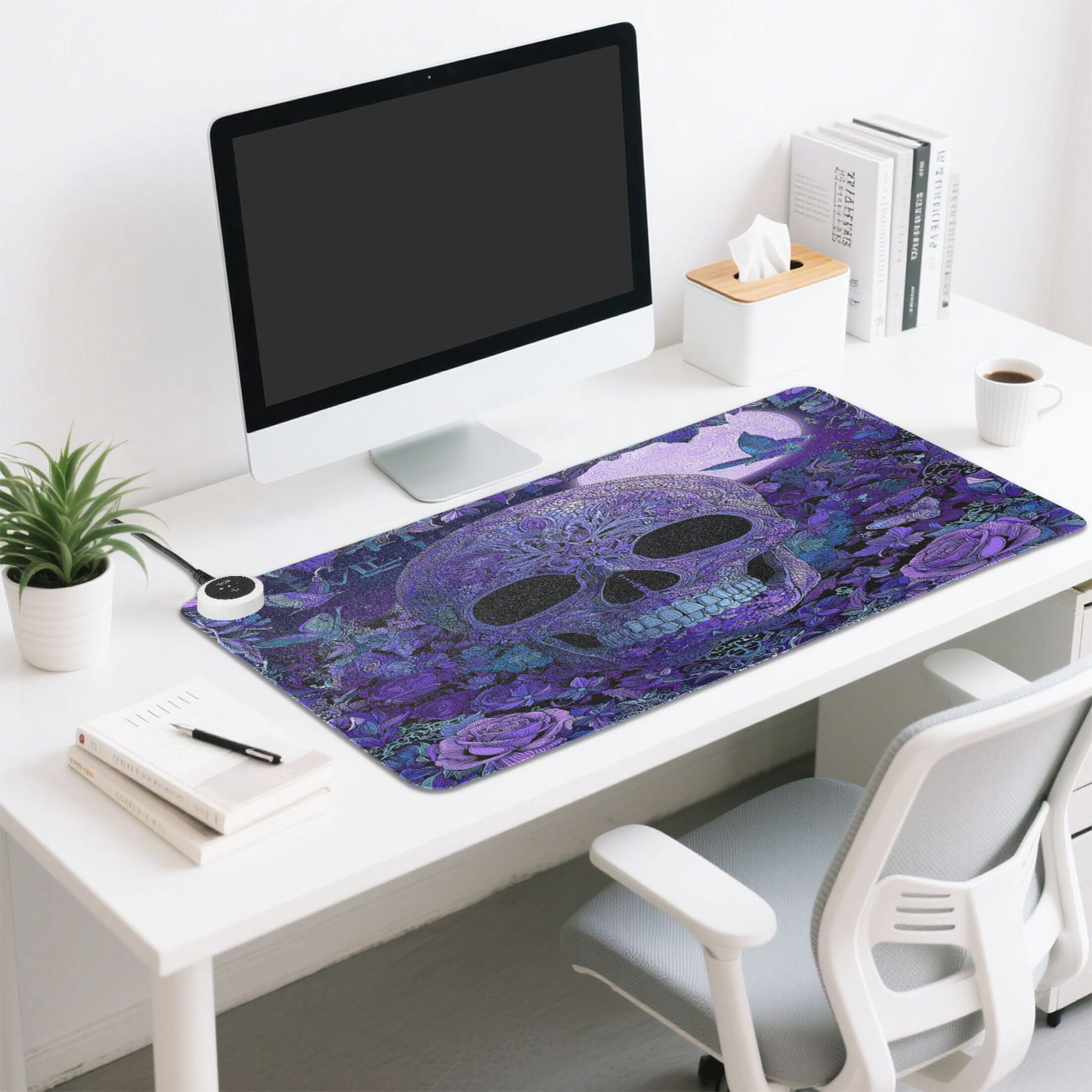 Large Heated Desk Mat Mouse Pad 31.5"x13"PU Leather Graphene Heating Desk Warmer with 3 Temperature Settings 110V US Plug Non-Slip Warm Pad for Home, Office, and Gaming Midnight Skull Butterfly Bloom
