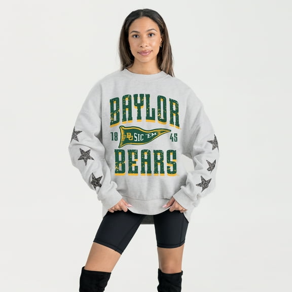 Women's Gameday Couture Ash Baylor Bears Oversized Pennant Pride Rhinestone Star Sleeve Sweatshirt