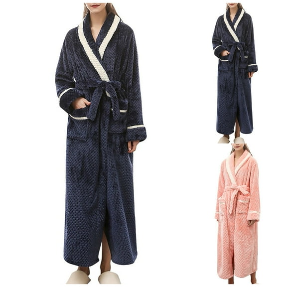 Feancey Plush Robes for Womens Thicken Cozy Soft Pajama Bathrobe with Belts Winter Fleece Warm Kimono Shower Robe Ladies Casual Nightgowns Navy M