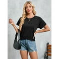 thumbnail image 2 of HOWCOME Womens Short Sleeve Tops Round Neck Cross Hem Cropped Shirts Solid Basic Tee Work Tops Black, Large, 2 of 6