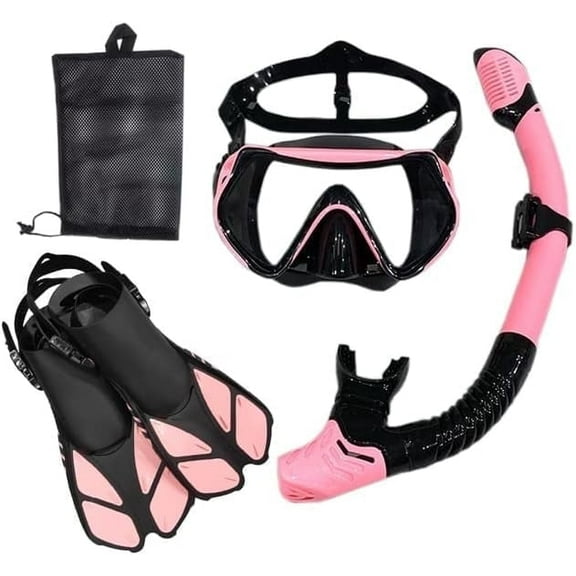 Mask, fins, snorkel set, including adult snorkeling equipment, panoramic diving mask, Trek fins, dry snorkel   travel bag