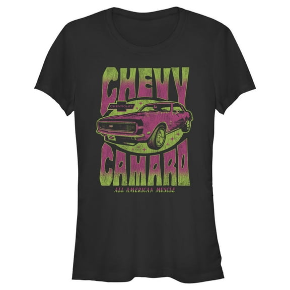 Junior's General Motors Retro Pink and Green Chevy Camaro Graphic Tee Black Medium