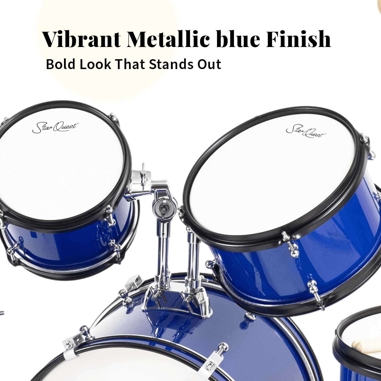 StarQuest SQ-DS-JR5-MBL Junior 5-Piece Drum Set – Premium Metallic Blue Finish with Bass, Snare, Tom and Crash Cymbal – Perfect for Junior Drummers and Beginners