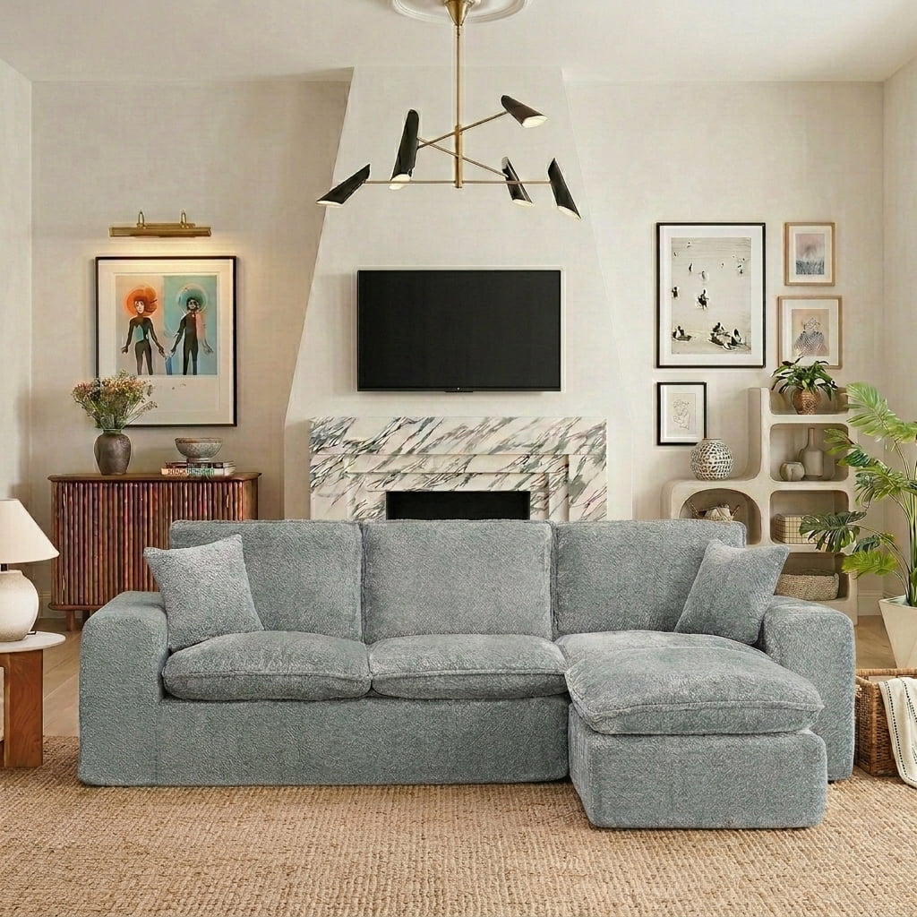 AISWORD 107" Modern Boucle Modular Sectional Cloud Sofa with Moveable Ottoman and Pillows