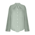 thumbnail image 4 of Lenpel Linen Tops for Women Long Sleeve Collared Curved Hem Pleated Button down Shirts Loose Casual Blouses with Pocket(Green,Medium), 4 of 6