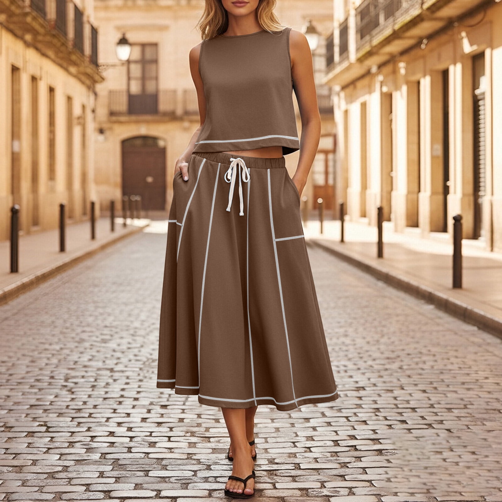 Sentmoon Womens 2 Piece Sets Boho Summer Dress Casual Sleeveless Maxi Dresses Spring Solid Color Regular Fit Cute Spring Dresses Trendy for Travel and Vacation Brown XXL