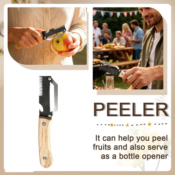 Vegetable Peeler Multi Function Kitchen Tool with Rustic Wooden Handle Carbon Steel Blade 3 in 1 Kitchen Gadget Housewarming Holiday Gift for Home Cooking 7.5 Inches