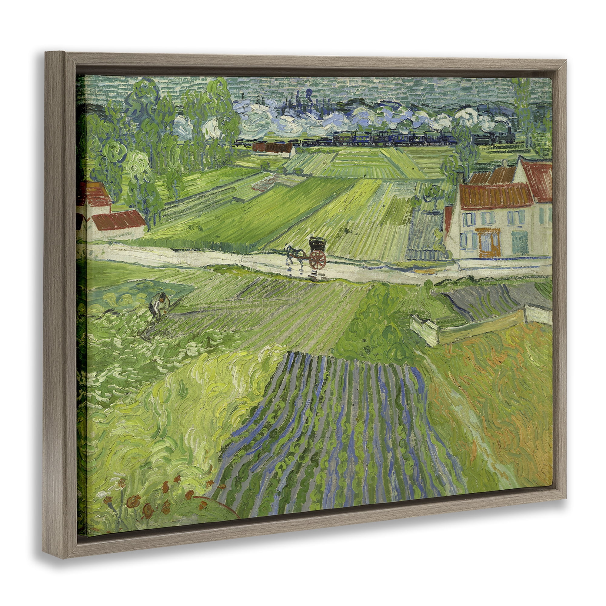 Stupell Industries Van Gogh Carriage & Train Landscape Landscape & Nature Painting Brown Floater Framed Canvas Art Print Wall Art, 21 x 17