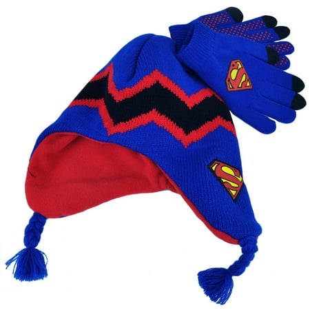 Superman Embroidered Beanie - Superman Knit & Glove Set Youth Peruvian Tassel Beanie Super Hero Man of Steel