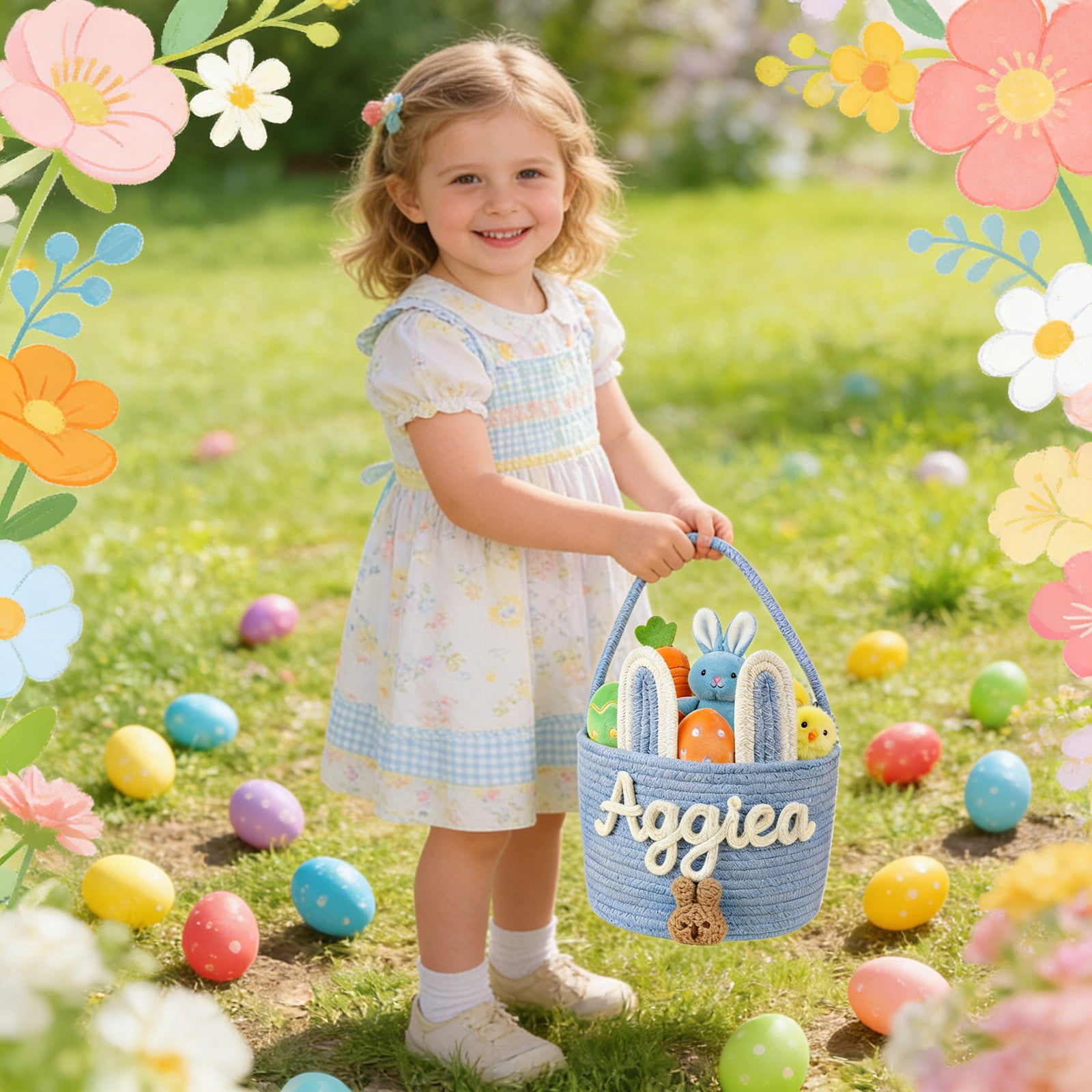 Personalised Easter Basket, Easter Basket 3D Cord Embroidery Technology, Easter Nest for Filling for Boys and Girls, Not Include Dolls (Rabbit Design)