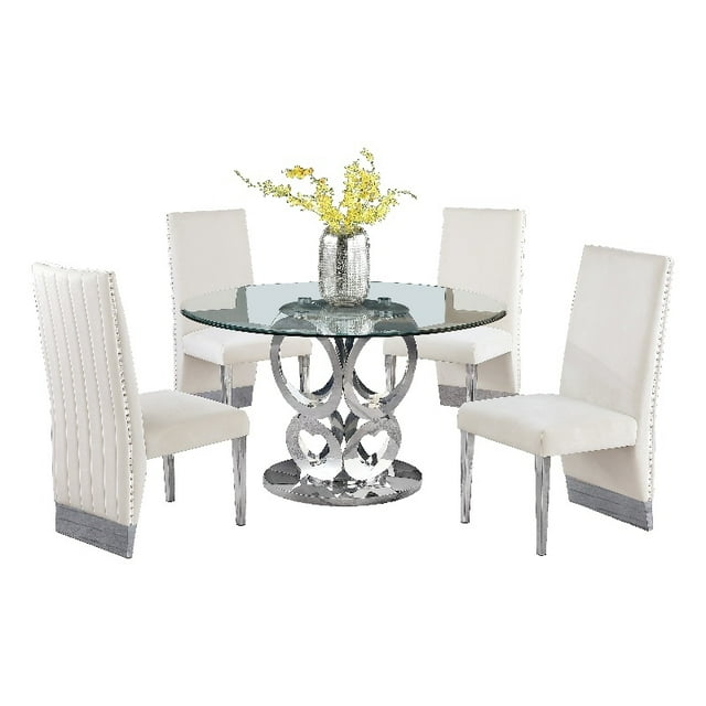 Silver Stainless Steel 5 Piece Dining Set with Round Clear Glass Table