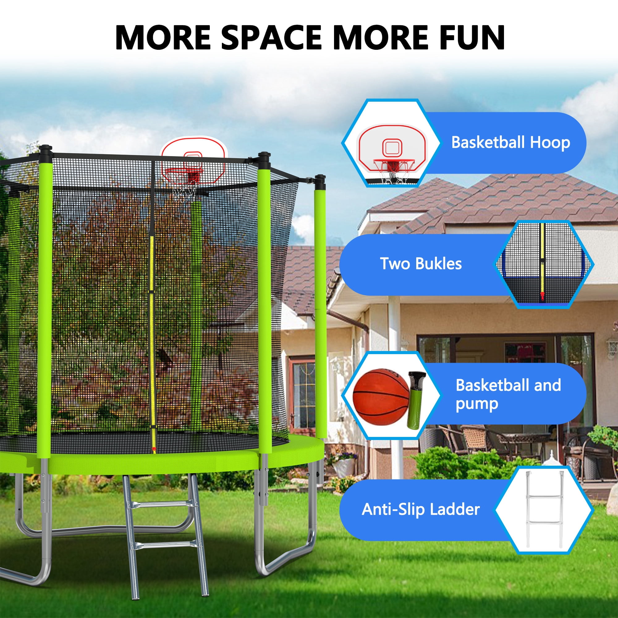 Soges 8FT Trampoline with Basketball Hoop Safety Enclosure Net for Kids, Trampoline with Jumping Mat and Spring Cover Padding, Trampoline Capacity for 2-3 Kids, Green
