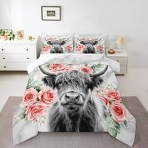 jejeloiu Cute Highland Cow Bedding Comforter Set,Pink Flower Twin Comforter Sets,Rustic Farmhouse Cabin Bedding Set,Super Cozy Room Decor,2pcs
