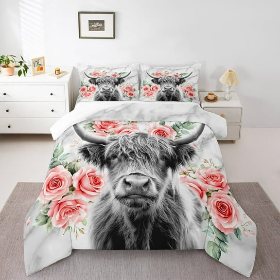 jejeloiu Cute Highland Cow Bedding Comforter Set,Pink Flower Twin Comforter Sets,Rustic Farmhouse Cabin Bedding Set,Super Cozy Room Decor,2pcs