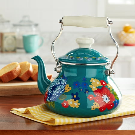 pioneer woman tea kettle enamel walmart dahlias quart dazzling teal steel