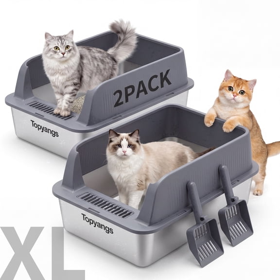 Topyangs 2 Pack Extra Large Stainless Steel Open Top Metal Cat Litter Box for Multi-Cat, Gray
