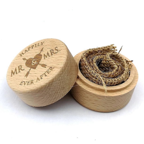 Caja de madera rústica para anillos de boda, grabada, redonda, para guardar anillos de compromiso y exhibir en ceremonias de propuesta.