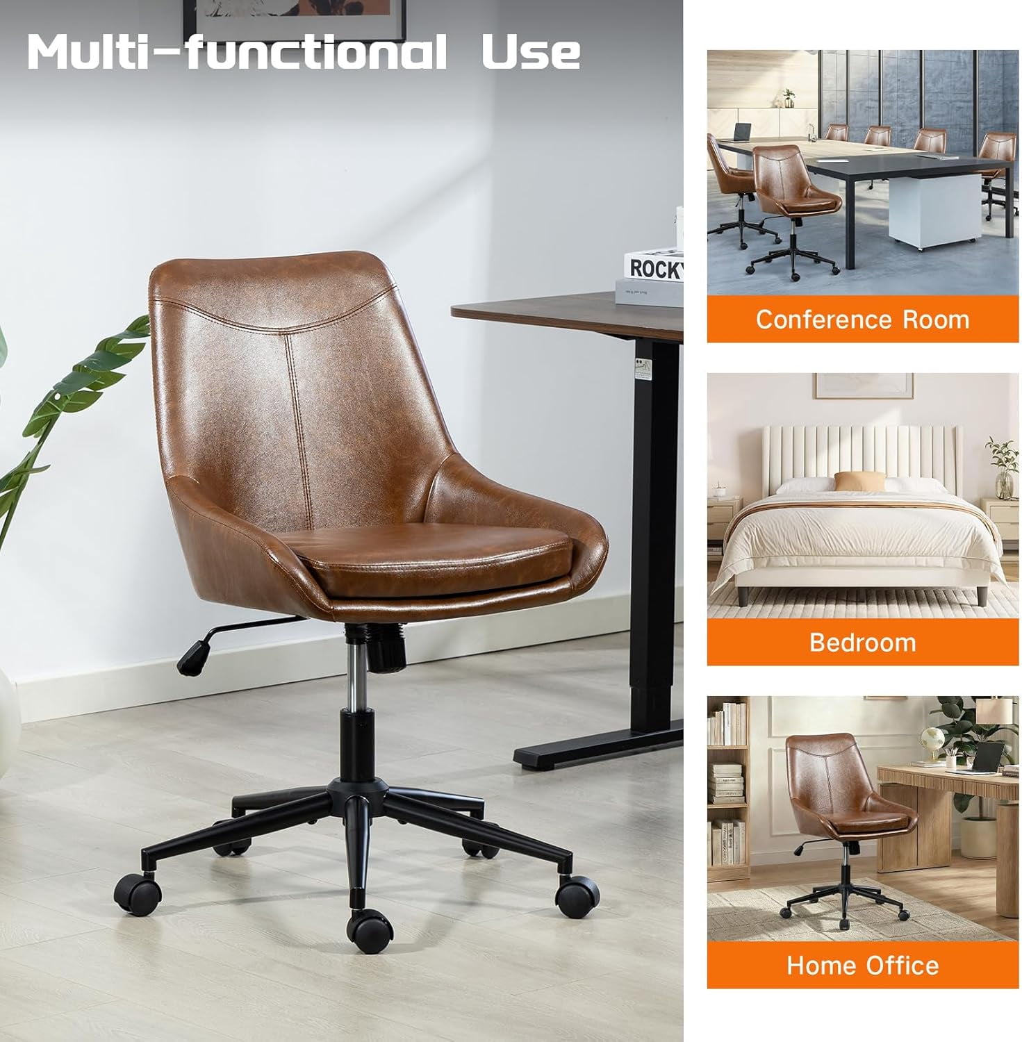 Faux Leather Home Office Chair，Comfortable Armless Task Chair Swivel Rolling Adjustable Height Home Office