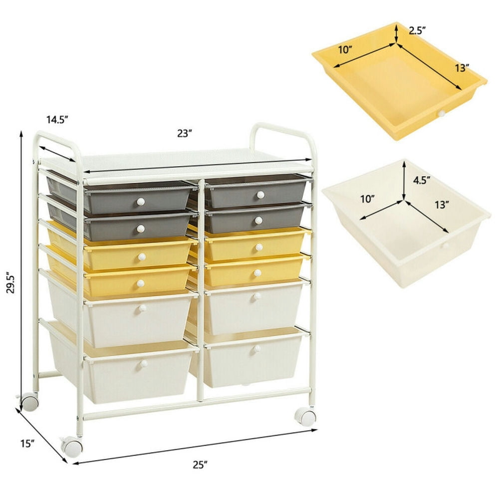Demi Bonn 12 Drawers Rolling Cart Storage Scrapbook Paper Organizer Bins with 4 Universal Casters, Yellow & Beige & Gray