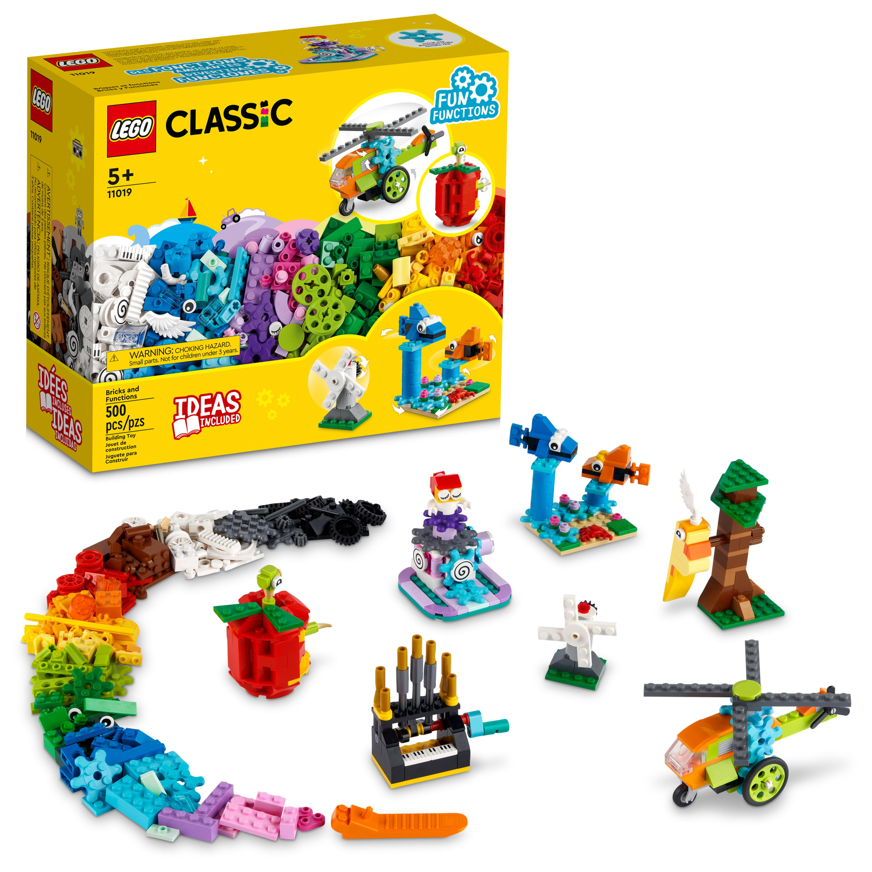 Seven multicolor LEGO builds from the LEGO Classics Bricks and Functions Set next to various LEGO pieces and the box packaging.