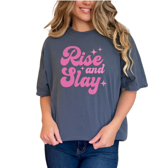Rise and Slay, Pink Text Girl Quote Art Merch, Denim Comfort Colors T-Shirt, Small