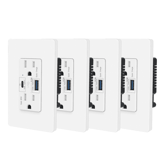 65W USB C PD Outlet Fast Charging for Laptop,Nineleaf 4PK GaN Type C Outlet,15 Amp Tamper Resistant Receptacle Plug,Electrical USB Socket Charge for Mac Air,iPhone 15,Android,UL Listed