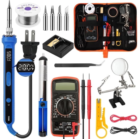 100 soldering iron set, adjustable temperature 180-520°C soldering iron, 16-in-1 soldering iron set includes 5 soldering tips, multimeter, desoldering pump, stand, tweezers