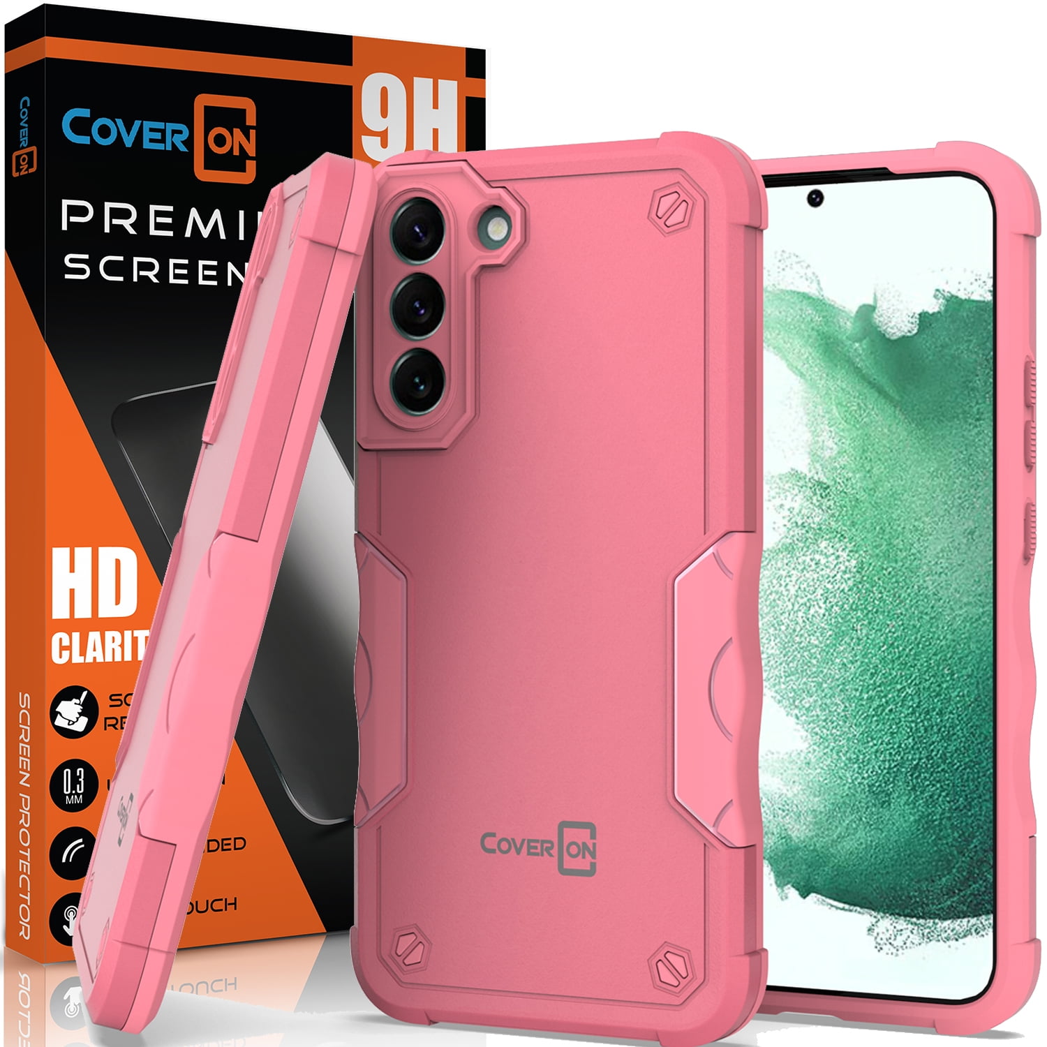 CoverON For Samsung Galaxy S22 Plus Phone Case with Screen Protector  Tempered Glass, Military Grade Heavy Duty Rugged Cover, Pink 