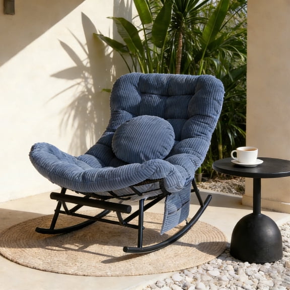 Villeston Oversized Outdoor Papasan Rocking Chair with Footrest, Heavy Duty Wicker Patio Egg Chair with Cushion ,Navy Blue