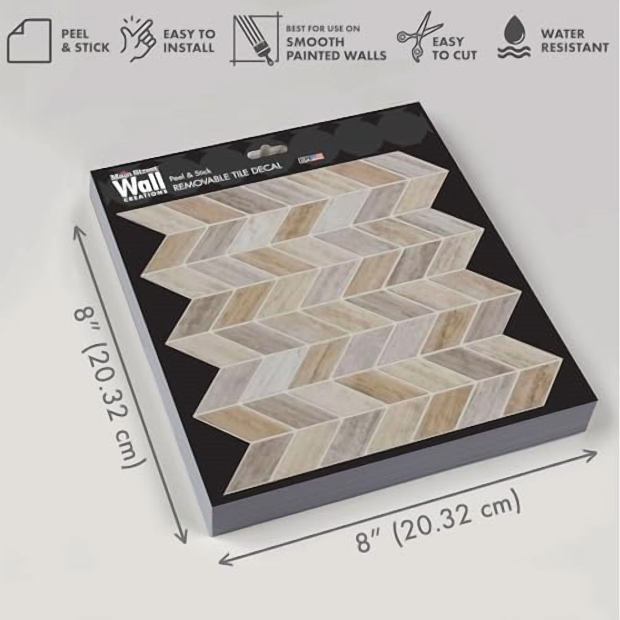 Main Street Peel & Stick Wallpaper Tiles, Earth Herringbone, 8 in x 8 in, 24 Pack, Self Adhesive Wall Tiles for Kitchen Backsplash and Home Decor