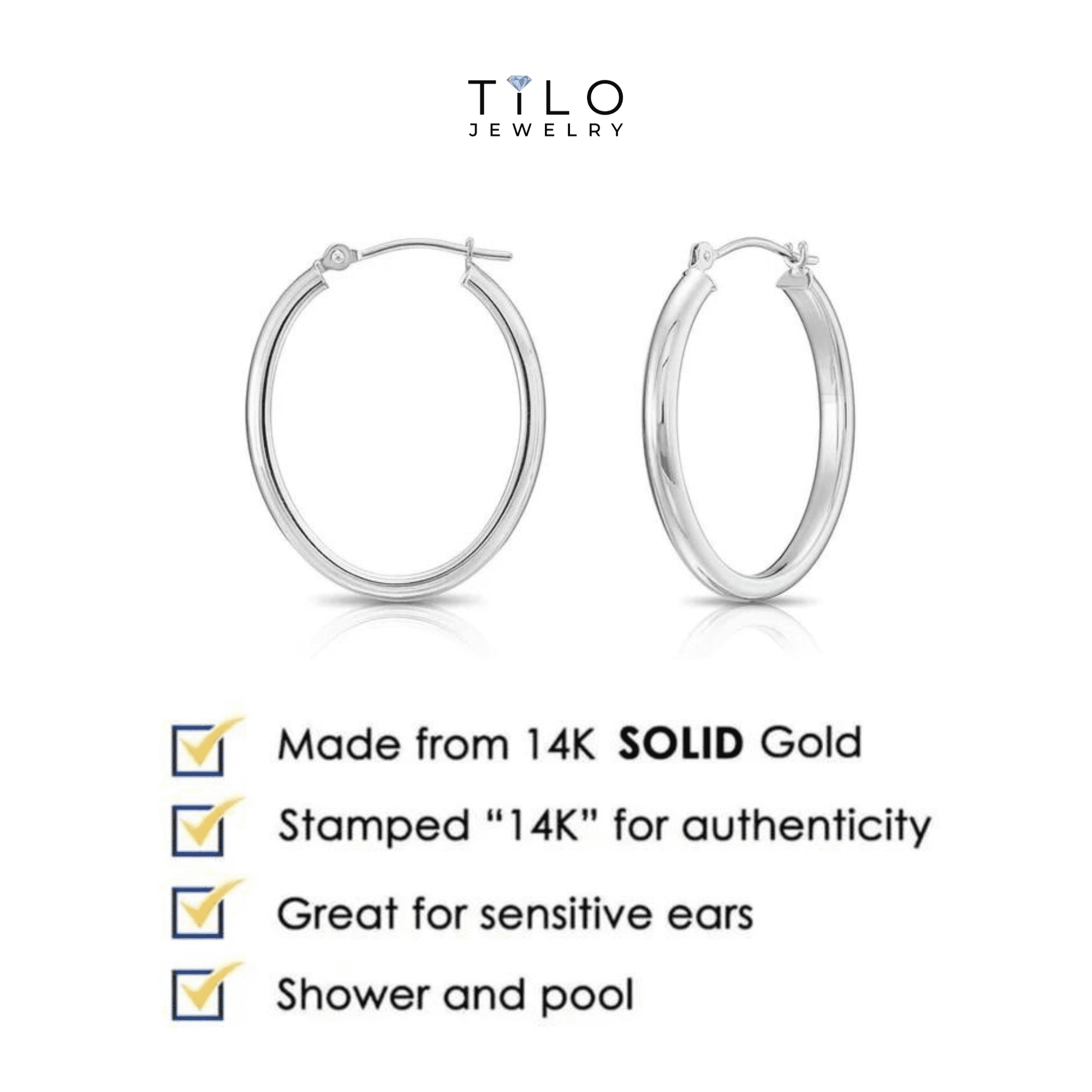 Tilo Jewelry 14K White Gold Large Oval Gold Hoop Earrings (25mm - 1 Inch) for Women & Unisex
