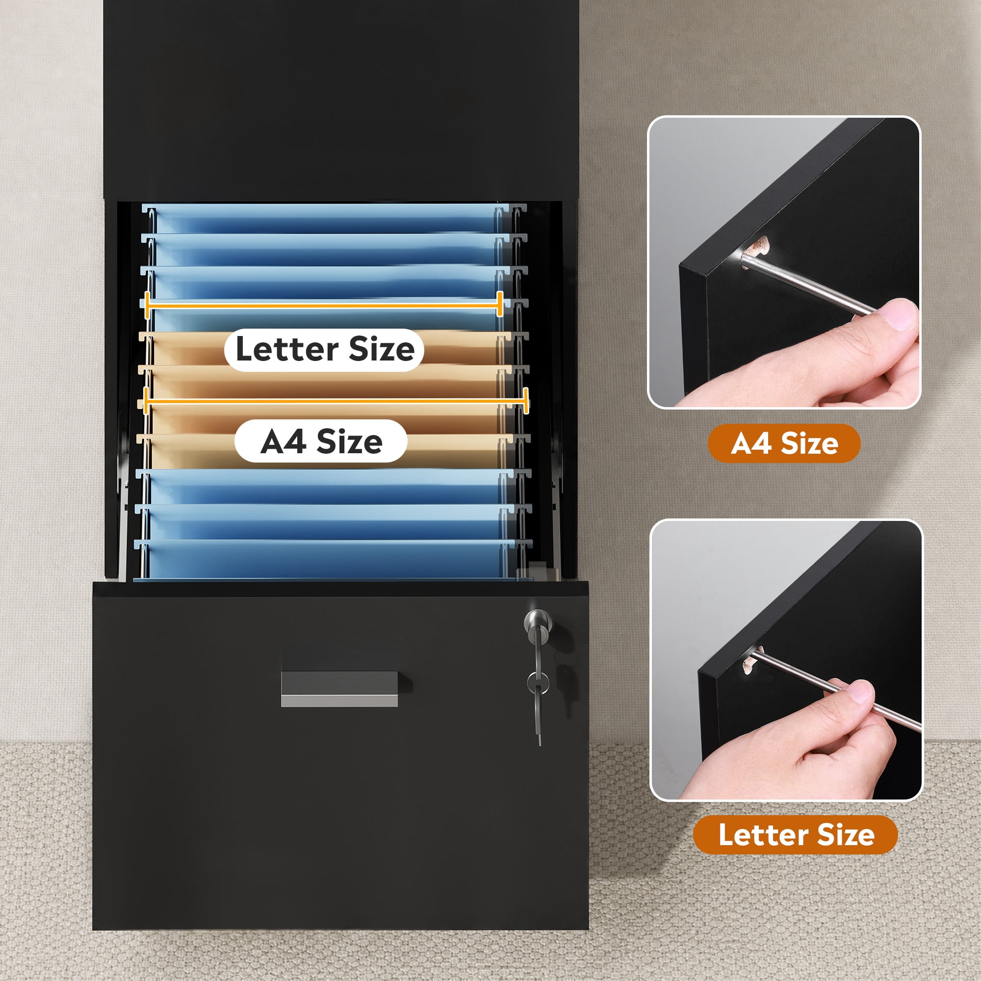 GALAXHERO 3 Drawers File Cabinets, Wood Vertical Filing Cabinet with Lock for Home Office, Letter/A4 Size, Black